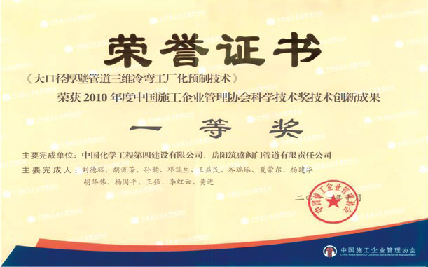 2010 年度中國施工企業(yè)管道協(xié)會科學技術獎一等獎